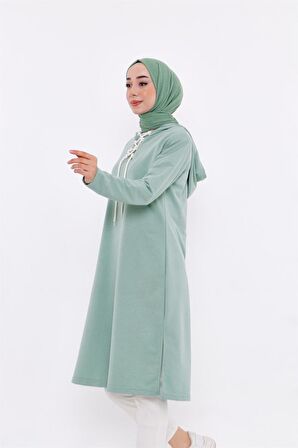 Eflin Yakadan Bağlamalı Kapşonlu Uzun Sweatshirt - 3030 - Çağla Yeşili