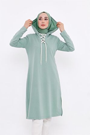 Eflin Yakadan Bağlamalı Kapşonlu Uzun Sweatshirt - 3030 - Çağla Yeşili