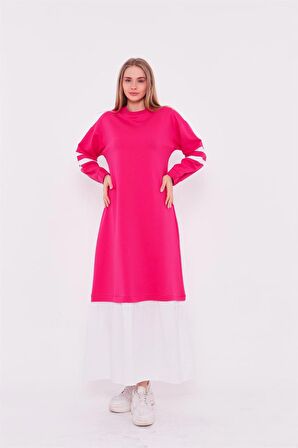 Gupse Kolları Şeritli Eteği Detaylı Spor Elbise - 71079 - Fuşya