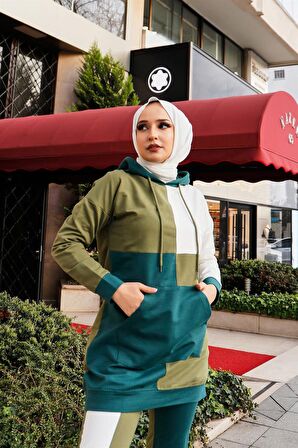 Aden Paçası Lastikli Garnili İkili Eşofman Spor Takımı - 71088 - Yağ Yeşili