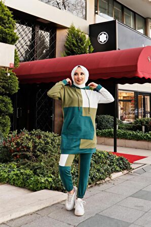 Aden Paçası Lastikli Garnili İkili Eşofman Spor Takımı - 71088 - Yağ Yeşili