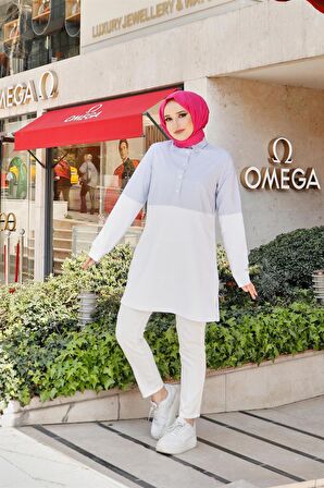 Gusto Gömlek Geçişli İki Renk Sade Çizgili Sweatshirt - 71089 - Beyaz