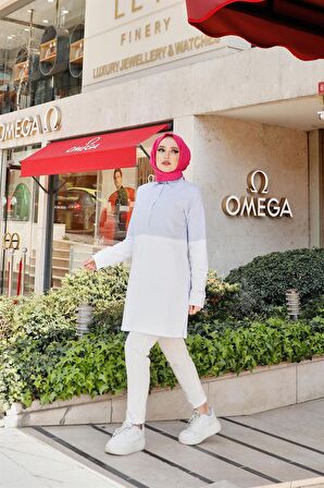 Gusto Gömlek Geçişli İki Renk Sade Çizgili Sweatshirt - 71089 - Beyaz