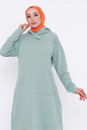 Aysima Yaka Detaylı Kapşonlu Sade Basic Sweatshirt - 3032 - Çağla Yeşili