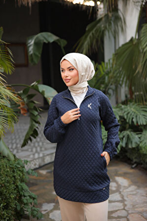 Kısa Fermuarlı Yaka Kapitone Şık Spor Sweat - 71227.015 - Lacivert