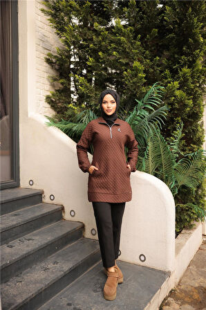 Kısa Fermuarlı Yaka Kapitone Şık Spor Sweat - 71227.028 - Kahverengi