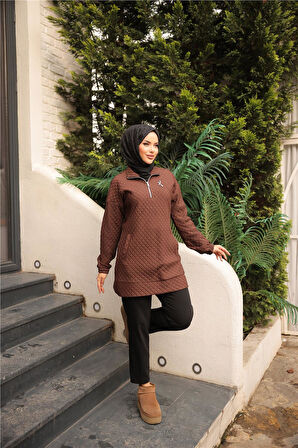 Kısa Fermuarlı Yaka Kapitone Şık Spor Sweat - 71227.028 - Kahverengi