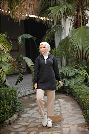 Kısa Fermuarlı Yaka Kapitone Şık Spor Sweat - 71227.003 - Siyah