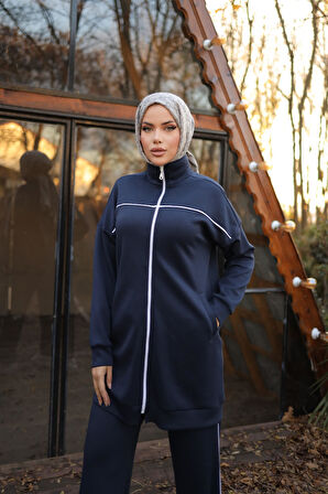 Fermuarlı Kısa Sade İkili Tesettür Eşofman Takımı - 71230.015 - Lacivert