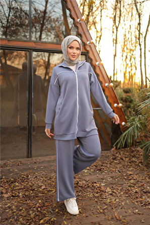 Fermuarlı Kısa Sade İkili Tesettür Eşofman Takımı - 71230.006 - İndigo