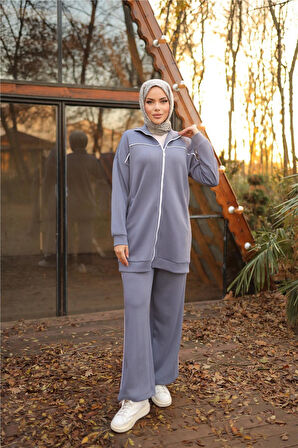 Fermuarlı Kısa Sade İkili Tesettür Eşofman Takımı - 71230.006 - İndigo
