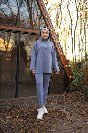 Kapşonlu Yarım Çıtçıtlı Kısa İkili Tesettür Eşofman Takımı - 71234.006 - İndigo