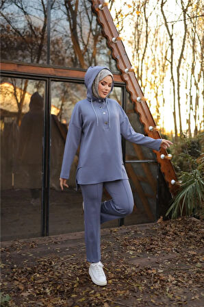 Kapşonlu Yarım Çıtçıtlı Kısa İkili Tesettür Eşofman Takımı - 71234.006 - İndigo