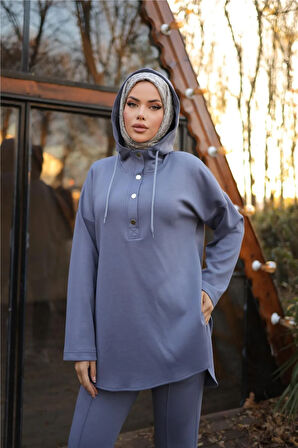 Kapşonlu Yarım Çıtçıtlı Kısa İkili Tesettür Eşofman Takımı - 71234.006 - İndigo