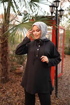 Kapşonlu Yarım Çıtçıtlı Kısa İkili Tesettür Eşofman Takımı - 71234.003 - Siyah