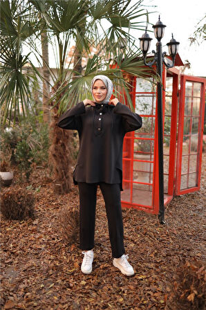 Kapşonlu Yarım Çıtçıtlı Kısa İkili Tesettür Eşofman Takımı - 71234.003 - Siyah