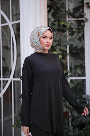 O Yaka Kolları Kurdela Detaylı İkili Tesettür Eşofman Takımı - 71251.003 - Siyah