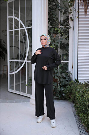 O Yaka Kolları Kurdela Detaylı İkili Tesettür Eşofman Takımı - 71251.003 - Siyah
