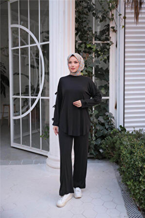 O Yaka Kolları Kurdela Detaylı İkili Tesettür Eşofman Takımı - 71251.003 - Siyah