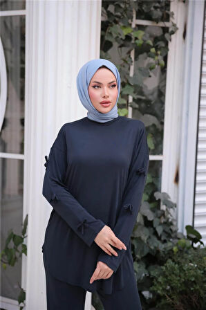 O Yaka Kolları Kurdela Detaylı İkili Tesettür Eşofman Takımı - 71251.015 - Lacivert