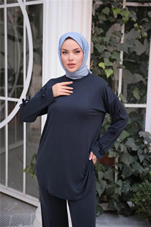O Yaka Kolları Kurdela Detaylı İkili Tesettür Eşofman Takımı - 71251.015 - Lacivert