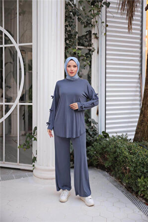 O Yaka Kolları Kurdela Detaylı İkili Tesettür Eşofman Takımı - 71251.006 - İndigo