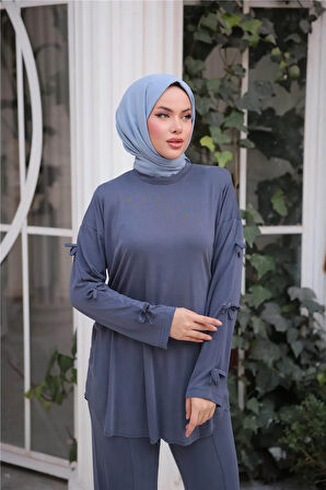 O Yaka Kolları Kurdela Detaylı İkili Tesettür Eşofman Takımı - 71251.006 - İndigo