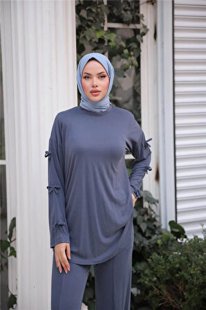 O Yaka Kolları Kurdela Detaylı İkili Tesettür Eşofman Takımı - 71251.006 - İndigo
