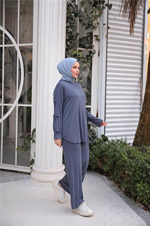 O Yaka Kolları Kurdela Detaylı İkili Tesettür Eşofman Takımı - 71251.006 - İndigo