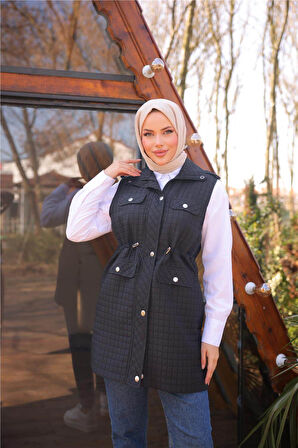 Belden Lastikli Çıtçıtlı Dört Cepli Kapitone Yelek - 71256.003 - Siyah