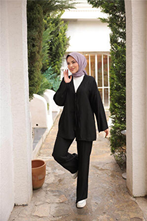 V Yaka Bağcıklı İkili Tesettür Eşofman Takımı - 71243.003 - Siyah