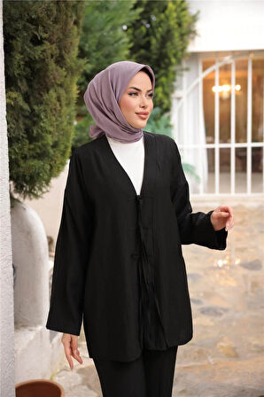 V Yaka Bağcıklı İkili Tesettür Eşofman Takımı - 71243.003 - Siyah