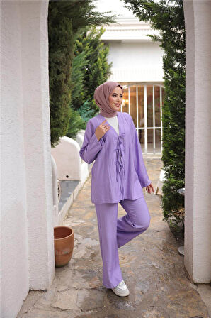V Yaka Bağcıklı İkili Tesettür Eşofman Takımı - 71243.019 - Lila