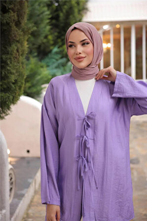 V Yaka Bağcıklı İkili Tesettür Eşofman Takımı - 71243.019 - Lila