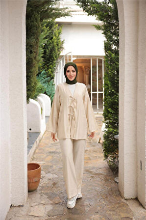 V Yaka Bağcıklı İkili Tesettür Eşofman Takımı - 71243.026 - Bej