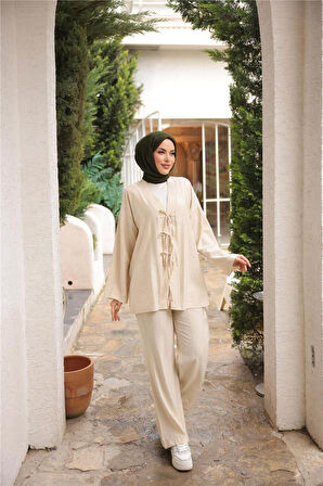 V Yaka Bağcıklı İkili Tesettür Eşofman Takımı - 71243.026 - Bej