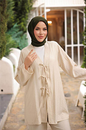 V Yaka Bağcıklı İkili Tesettür Eşofman Takımı - 71243.026 - Bej