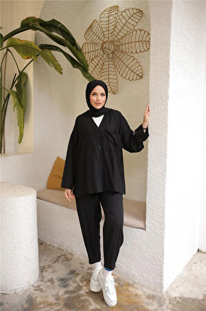 V Yaka Düğmeli Cepli İkili Tesettür Eşofman Takımı - 71244.003 - Siyah