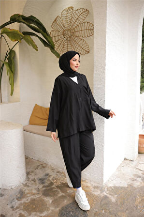 V Yaka Düğmeli Cepli İkili Tesettür Eşofman Takımı - 71244.003 - Siyah