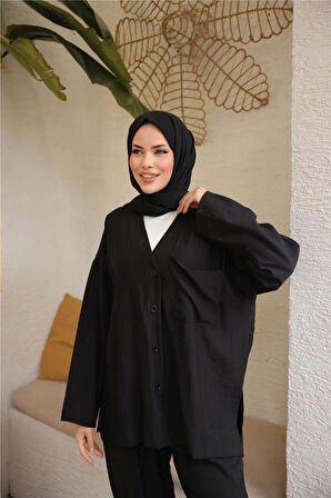 V Yaka Düğmeli Cepli İkili Tesettür Eşofman Takımı - 71244.003 - Siyah