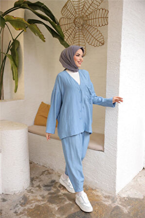 V Yaka Düğmeli Cepli İkili Tesettür Eşofman Takımı - 71244.006 - İndigo