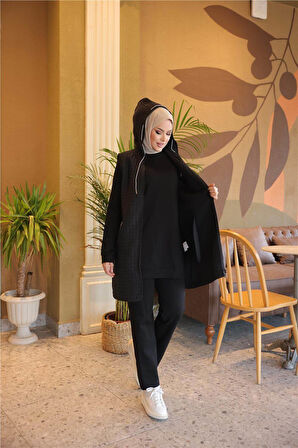 Fermuarlı Kapşonlu Cepli Kapitone Üçlü Takım - 71226.003 - Siyah