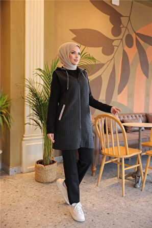 Fermuarlı Kapşonlu Cepli Kapitone Üçlü Takım - 71226.003 - Siyah