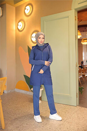 Fermuarlı Kapşonlu Cepli Kapitone Üçlü Takım - 71226.006 - İndigo