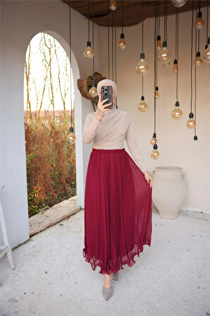 Pliseli Etek - (38-46) - 71262 - Bordo