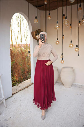Pliseli Etek - (38-46) - 71262 - Bordo