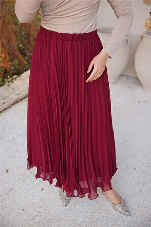 Pliseli Etek - (38-46) - 71262 - Bordo