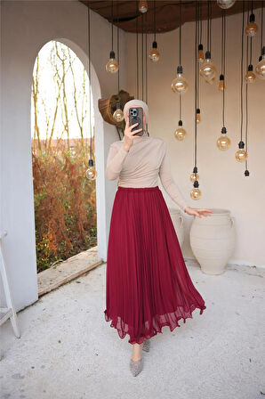 Pliseli Etek - (38-46) - 71262 - Bordo