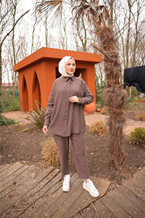 Sade İkili Tesettür Gömlek Takımı - 71263.028 - Kahverengi