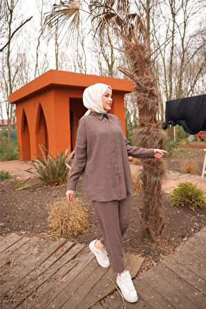 Sade İkili Tesettür Gömlek Takımı - 71263.028 - Kahverengi
